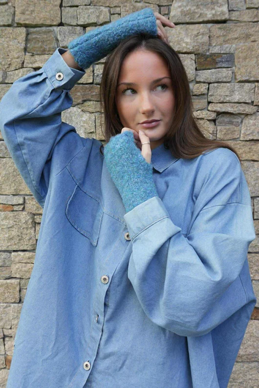 Boucle Fingerless Gloves Teal Melange 